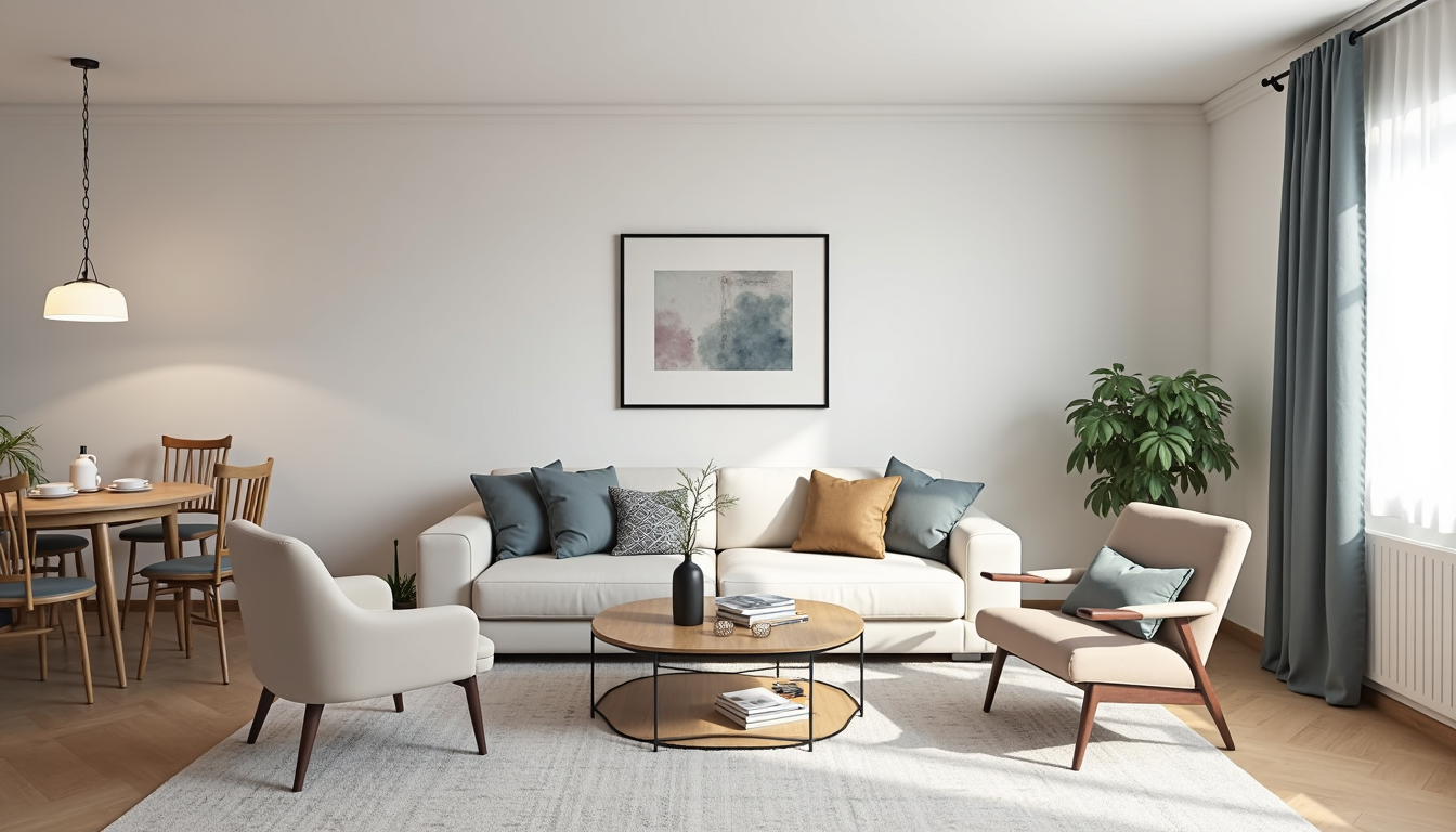 Un living modern amenajat într-un apartament mic, cu mobilier inteligent și elemente decorative care maximizează spațiul